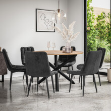 (Black) Malvern Round Oak Effect Dining Table Set w Black Oak Legs 4-6 Nova Velvet Chair