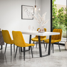 (Mustard) Aria Dining Table And Chairs - Marble Effect Table w 4-6 Nova Velvet Chair
