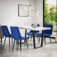 (Blue) Aria Dining Table And Chairs - Marble Effect Table w 4-6 Nova Velvet Chair