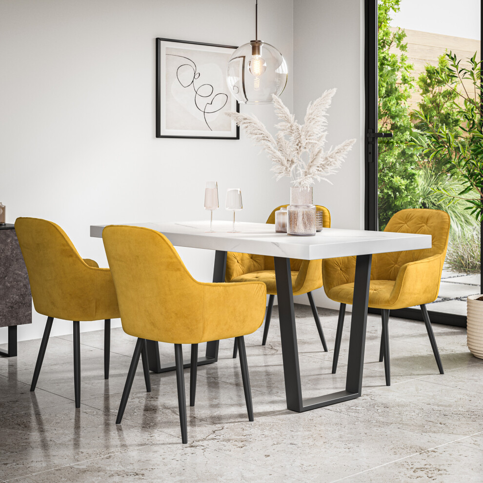 More4homes (Mustard) Aria Dining Table And Chairs - Marble Effect Table W 4-6 Anika Velvet Chair