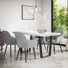 (Grey) Aria Dining Table And Chairs - Marble Effect Table w 4-6 Anika Velvet Chair