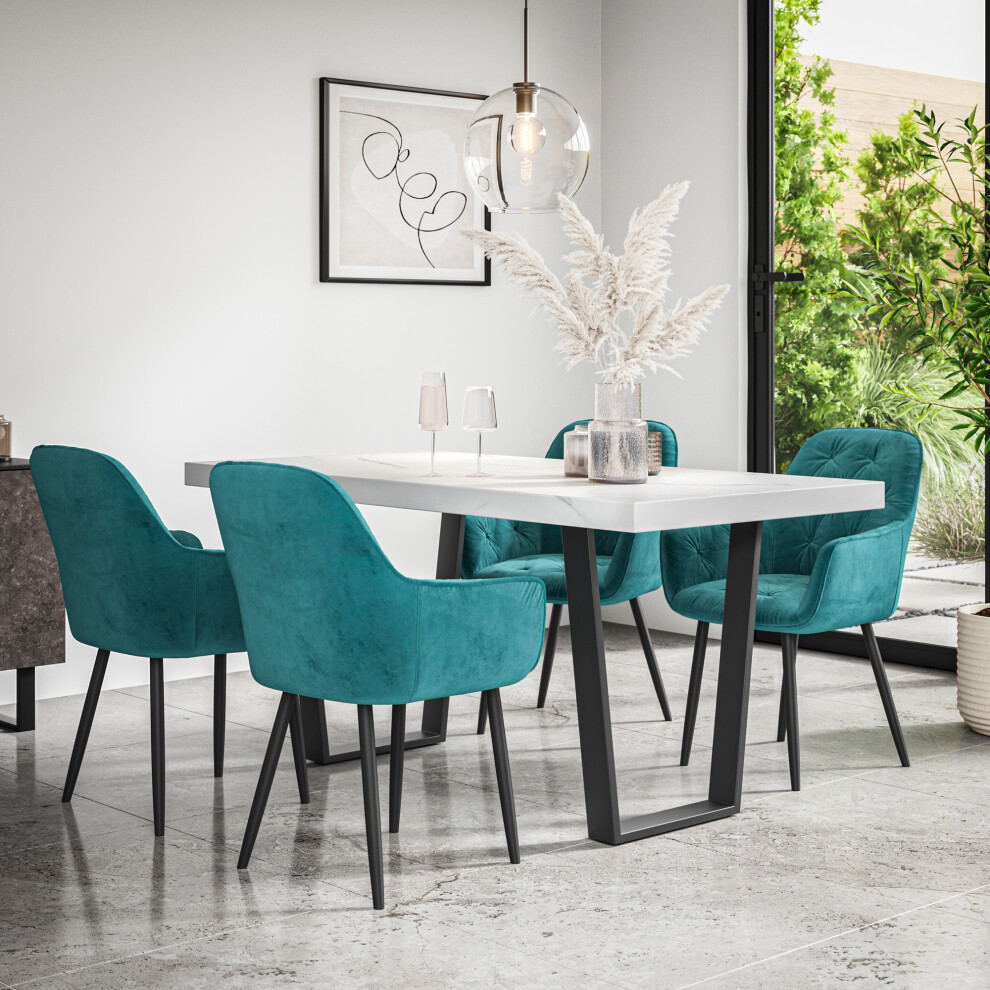 More4homes (Blue) Aria Dining Table And Chairs - Marble Effect Table W 4-6 Anika Velvet Chair Blue