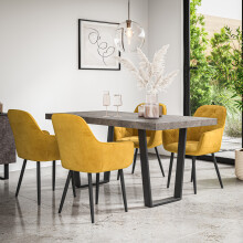 (Mustard) Aria Dining Table And Chairs - Concrete Effect Table w 4-6 Anika Velvet Chair