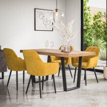 (Mustard) Aria Dining Table And Chairs - Oak Effect Table w 4-6 Anika Velvet Chair