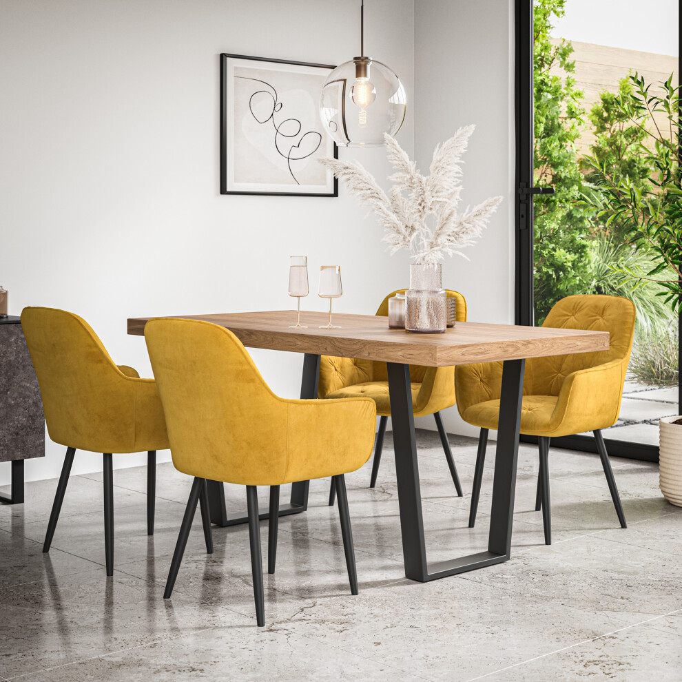 More4homes (Mustard) Aria Dining Table And Chairs - Oak Effect Table W 4-6 Anika Velvet Chair