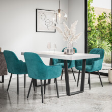 (Blue) Aria Dining Table And Chairs - Marble Effect Table w 4-6 Anika Velvet Chair