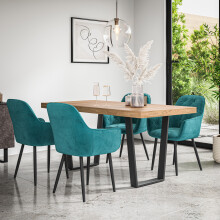 (Blue) Aria Dining Table And Chairs - Oak Effect Table w 4-6 Anika Velvet Chair