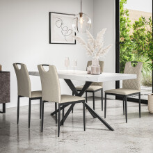 (Beige) Donni Dining Table And Chairs - Marble Effect Table w 4-6 Monza Linen Chair