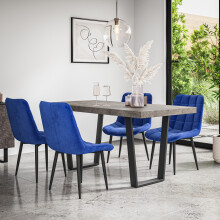 (Blue) Aria Dining Table And Chairs - Concrete Effect Table w 4-6 Nova Velvet Chair