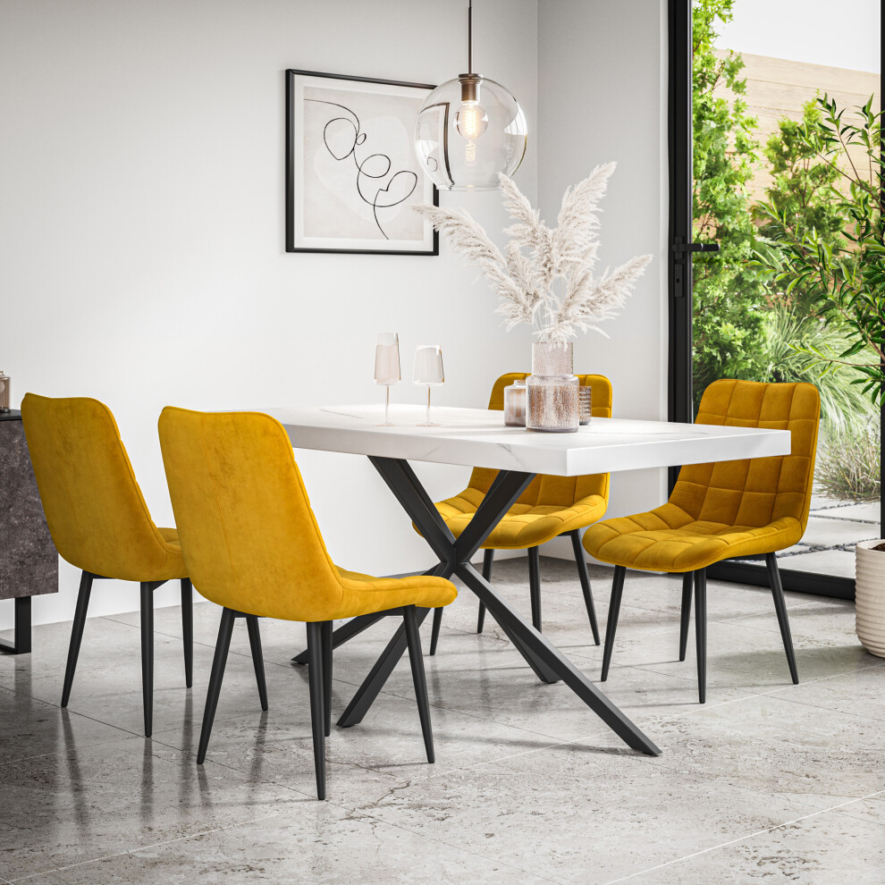 More4homes (Mustard) Donni Dining Table And Chairs - Marble Effect Table W 4-6 Nova Velvet Chair