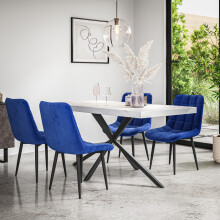 (Blue) Donni Dining Table And Chairs - Marble Effect Table w 4-6 Nova Velvet Chair