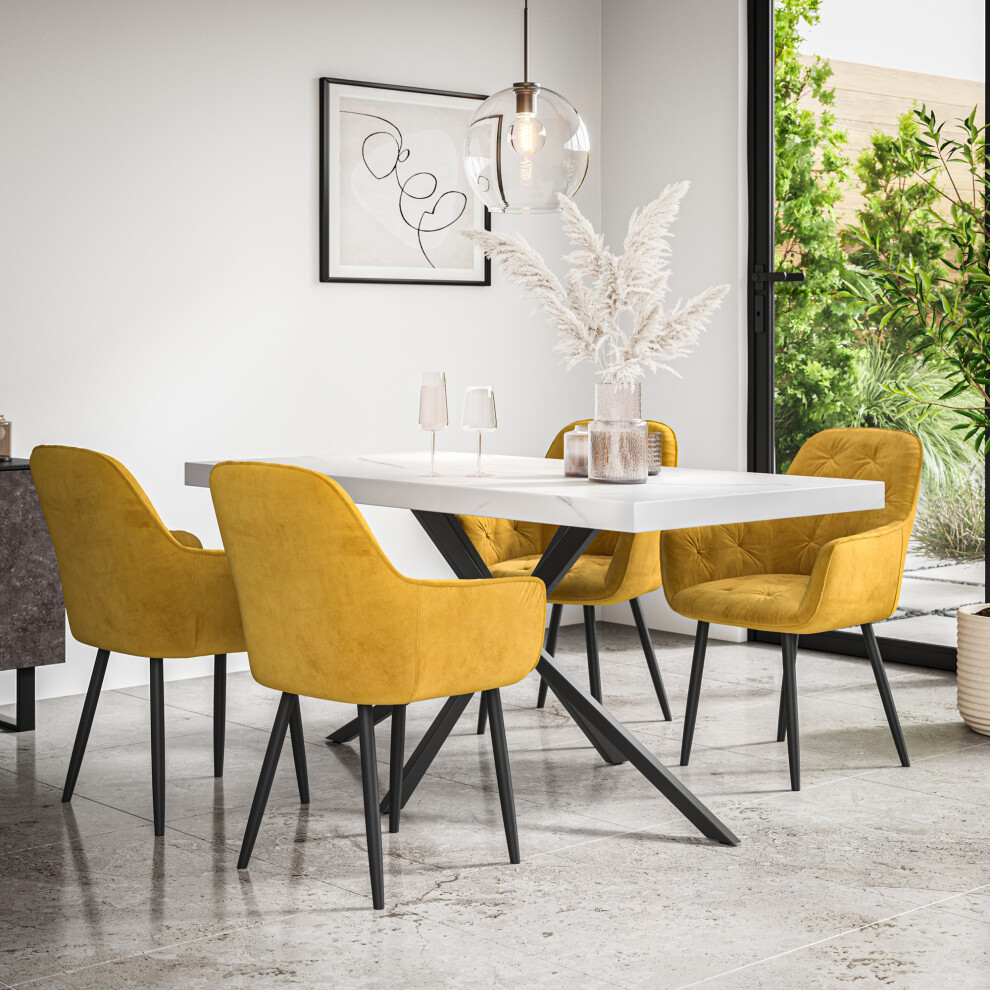More4homes (Mustard) Donni Dining Table And Chairs - Marble Effect Table Top W 4-6 Anika Velvet Chair
