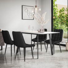 (Black) Haydon Extending Marble Effect Dining Table Set w 4-6 Nova Faux Leather Chairs
