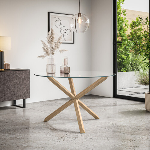 MORE4HOMES (Glass) Malvern Round Dining Table 4-6 Seater w Solid Oak Legs
