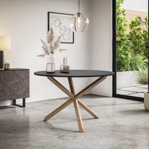 MORE4HOMES (Black) Malvern Round Dining Table 4-6 Seater w Solid Oak Legs
