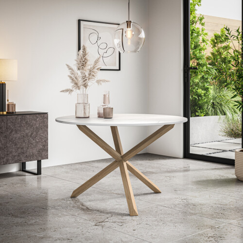 MORE4HOMES (White Marble Effect) Malvern Round Dining Table 4-6 Seater w Solid Oak Legs