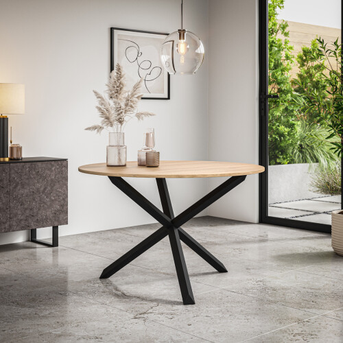 MORE4HOMES (Oak Effect) Malvern Round Dining Table 4-6 Seater w Solid Black Oak Legs