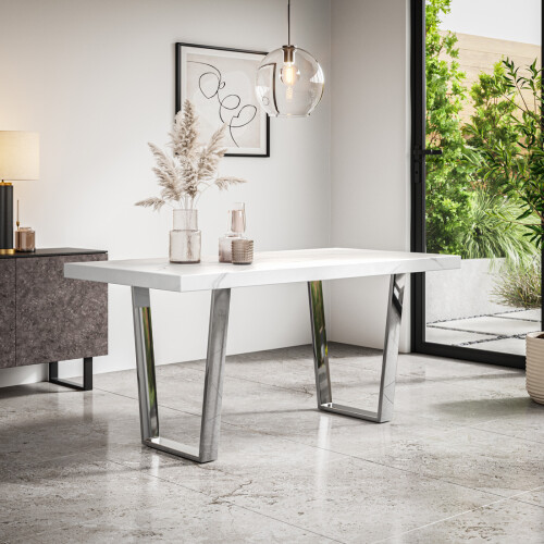 MORE4HOMES (White Marble Effect) Aria 4-6 Seater Dining Table w Chrome Legs