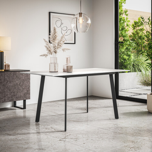 MORE4HOMES (White Marble Effect) Haydon Extending Dining Table 4-6 Seater w Black Legs