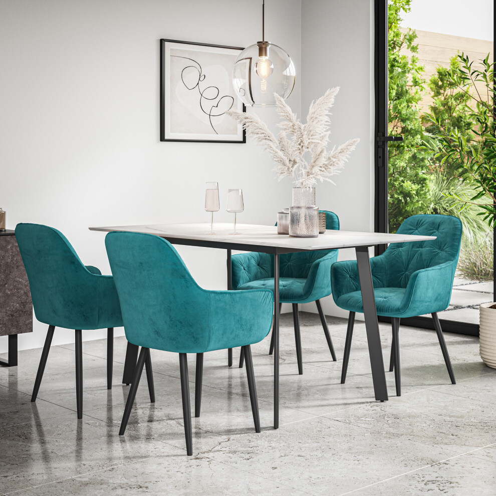 More4homes (Blue) Haydon Extending Marble Effect Dining Table Set W 4-6 Anika Velvet Chairs