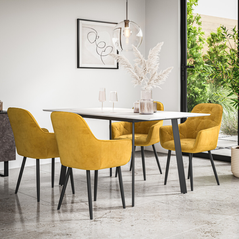 More4homes (Mustard) Haydon Extending Marble Effect Dining Table Set W 4-6 Anika Velvet Chairs
