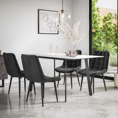 MORE4HOMES (Black) Haydon Extending Marble Effect Dining Table Set w 4-6 Nova Velvet Chairs