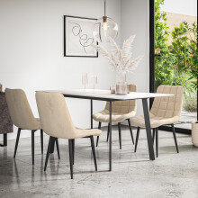 (Beige) Haydon Extending Marble Effect Dining Table Set w 4-6 Nova Velvet Chairs