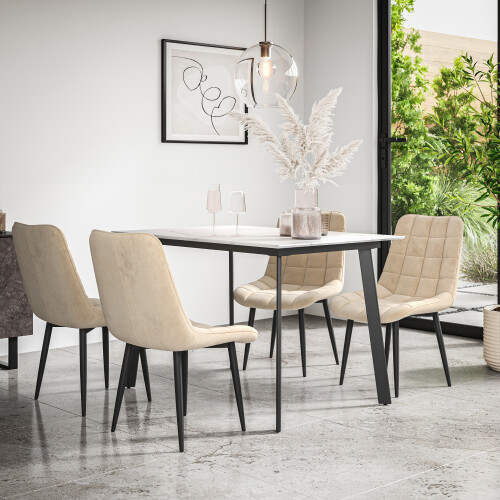 MORE4HOMES (Beige) Haydon Extending Marble Effect Dining Table Set w 4-6 Nova Velvet Chairs 1