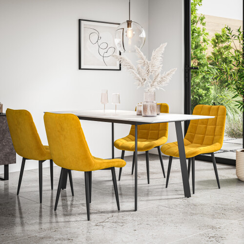 MORE4HOMES (Mustard) Haydon Extending Marble Effect Dining Table Set w 4-6 Nova Velvet Chairs