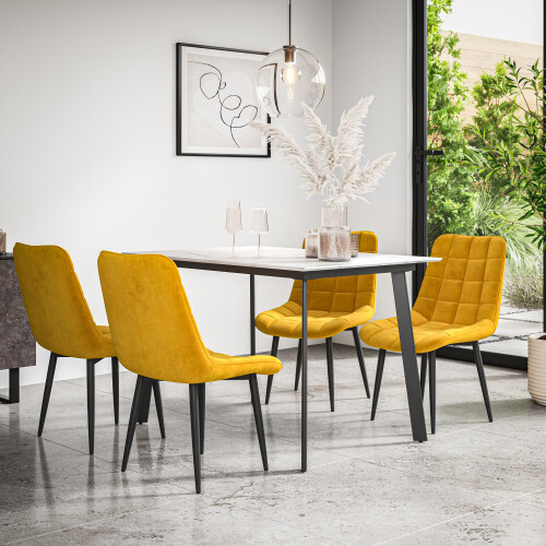 MORE4HOMES (Mustard) Haydon Extending Marble Effect Dining Table Set w 4-6 Nova Velvet Chairs 1