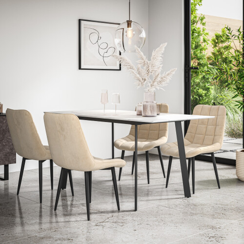 MORE4HOMES (Beige) Haydon Extending Marble Effect Dining Table Set w 4-6 Nova Velvet Chairs