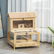 PawHut  Wooden Hamster Cage w/ Tray, Running Wheel, Seesaw, Ladder - Natural