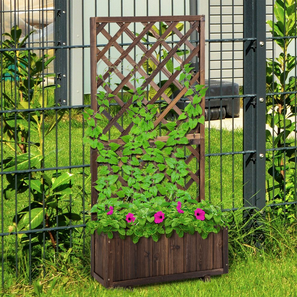 Outsunny Flower Stand Plant Shelf Outdoor Pine W/ Trough Planter, Carbonised