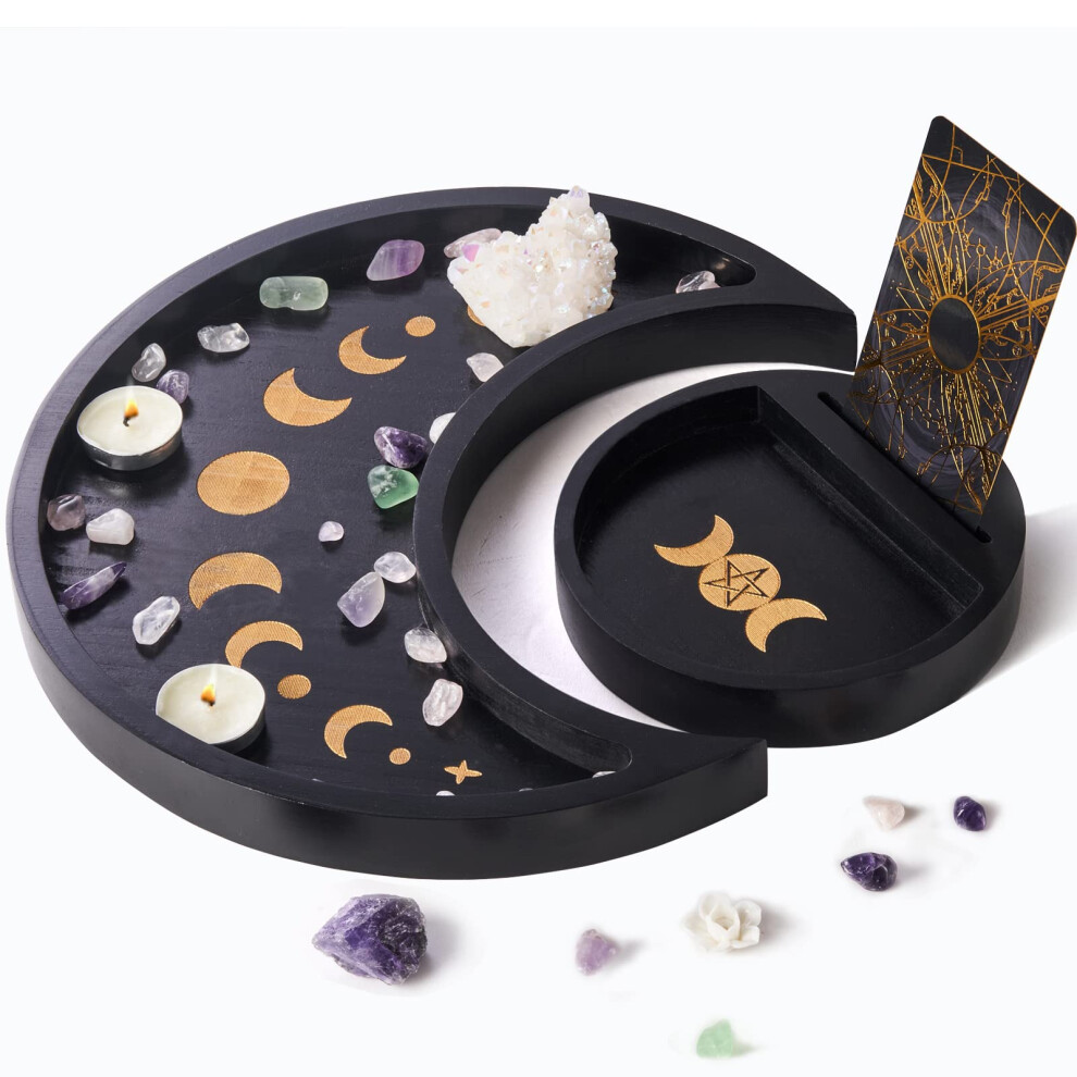 Plateau en cristal Yougoals Moon, présentoir à pierres, plateau en cristal noir en bois avec plateau à bijoux rond, cristaux et pierres de guéris