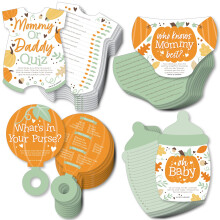 Big Dot of Happiness Kleine Pompoenversieringen 4 herfstbabyshowerspellen 10 kaarten elk - Wie weet mama Beste mama of papa Quiz Wat zit er in je tas