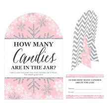 Big Dot of Happiness Pink Winter Wonderland - Hoeveel snoepjes Vakantie Sneeuwvlok Verjaardagsfeestje en babyshowerspel - 1 standaard en 40 kaarten -