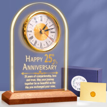 OkiyiD Light Up 25th Anniversary Wedding Gifts Quartz Clock with Wooden Base 25 Years Silver Wedding for Couple Parents Soft Warm White Lighting 25th