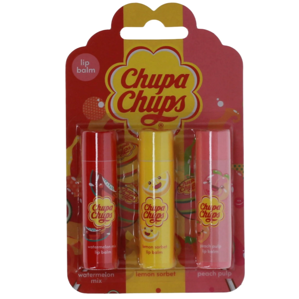 Chupa Chups Lip Balm Set - Watermelon Mix, Lemon Sorbet, Peach Pulp