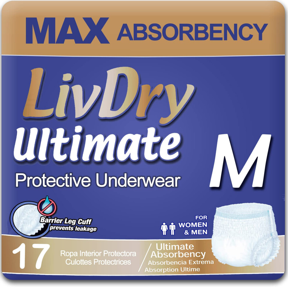 Livdry Ultimate Adult Incontinence Underwear, Pannolini Per Adulti Con Protezione Dalle Perdite, Taglia M, Confezione Da 17