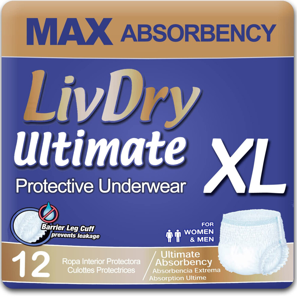 Livdry Ultimate Xl Adult Incontinence Underwear Max Absorbent Adult Diapers With Leak Protection X-Large 12-Pack