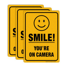 (3 Pack) Smile You're On Camera Video Surveillance Sign - 10 x7 Inches .040 Rust Free Heavy Duty Aluminum - Indoor or Outdoor Use for Home Busine