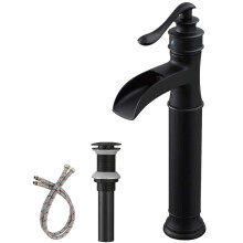 BWE Vessel Sink Faucet Waterfall Matte Black with Pop Up Drain Without Overflow and Supply Lines Bathroom faucets for Sink 1 Hole One Handle Faucets