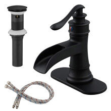 BWE Black Bathroom Faucet Matte Waterfall Farmhouse Vanity Sink Lavatory Single Hole Faucets One Handle Bath Antique with Brass Pop Up Drain Stopper