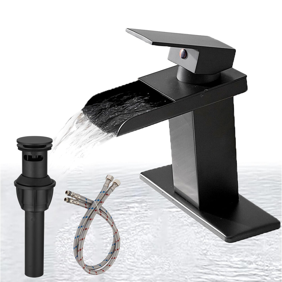 Bathlavish Mattschwarzer Wasserfall-Badezimmerhahn, Einloch-Waschbecken Mit Pop-Up-Ablaufgarnitur, Waschtisch Mit Berlaufteilen, Mischbatterie,-image