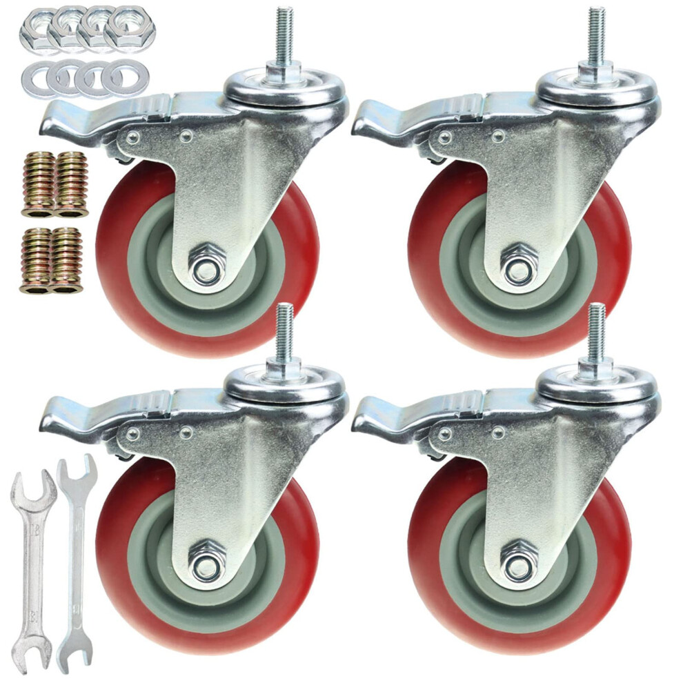 Heavy Duty Stem Caster Wheels Double Bearing Pu Castors No Noise Swivel Casters M8-1.25X25mm 4 Packs With Dual Locking (4 Inch With Brake) 756588011982