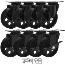 FactorDuty 8 Pack 4"""" Helsort metal drejeplade drejehjul Kraftig h?jgauge st?l m/skruer (4 ingen bremse og 4 bremser)