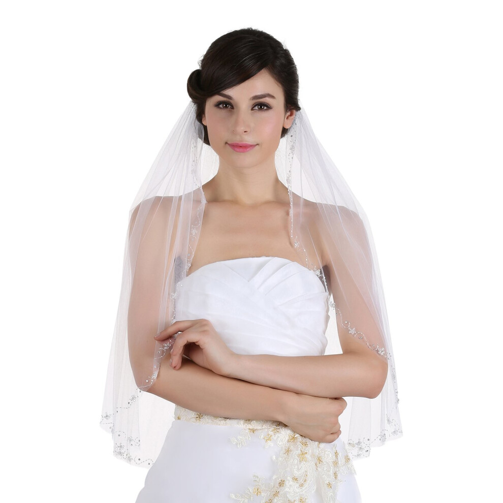 Samky 1T 1-Laags Sluier Met Bloemenpatroon En Kralenrand - Wit, Vingertoplengte 36"" V284-image