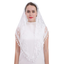 Cilkus Blondesl?r Mantilla sl?r Sjal eller t?rkl?de Latin Mass Head Cover med frynsede blonder (hvid)