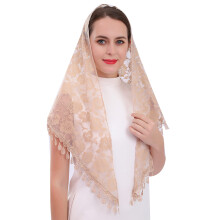 Cilkus Blondesl?r Mantilla sl?r Sjal eller t?rkl?de Latin Mass Head Cover med frynsede blonder (Champagne)