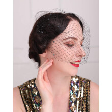 Aimimier kort brudesl?r med perlekam 1920'er flapper Fascinator Mesh sl?r Enkeltlags fuglebursl?r til bryllup (sort)